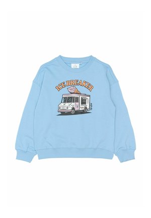 Jasnoniebieska bluza z grafiką ciężarówki lodowej oraz napisem "ICE BREAKER" w kolorze pomarańczowym. Długie rękawy z ściągaczami.
