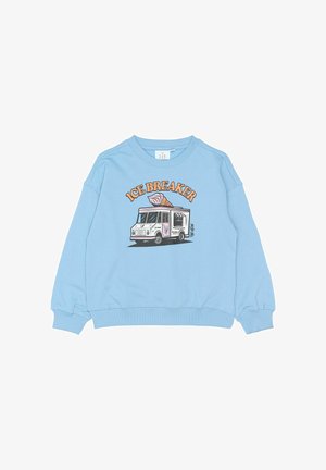 Vaaleansininen collegepaita, jossa on graafinen kuva jäätelöautosta ja teksti "ICE BREAKER" oranssilla. Pitkät hihat ja ribbireunat.