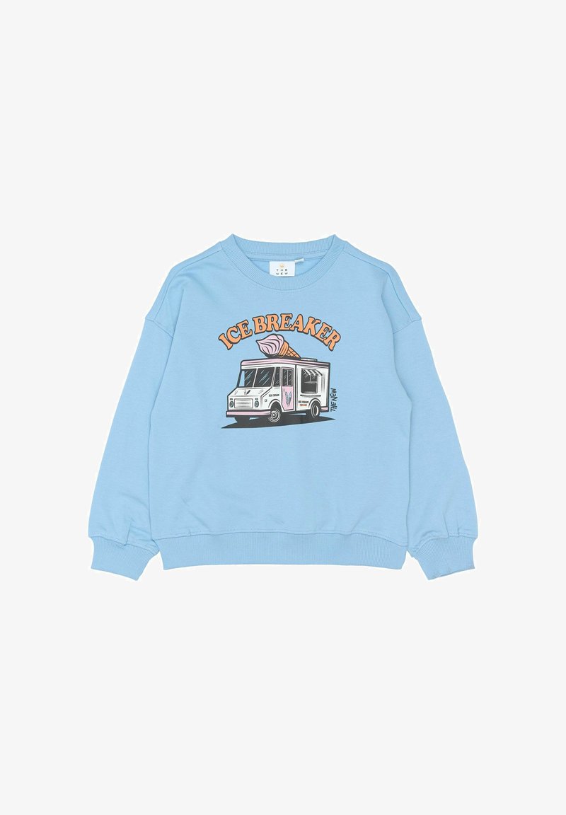 Jasnoniebieska bluza z grafiką ciężarówki lodowej oraz napisem "ICE BREAKER" w kolorze pomarańczowym. Długie rękawy z ściągaczami.