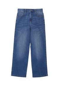 Jeans de mezclilla de pierna ancha en azul medio con costuras en contraste. Cuenta con cinco bolsillos, un cierre frontal con botón y una textura suave.