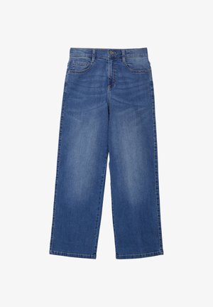 Jeans de mezclilla de pierna ancha en azul medio con costuras en contraste. Cuenta con cinco bolsillos, un cierre frontal con botón y una textura suave.