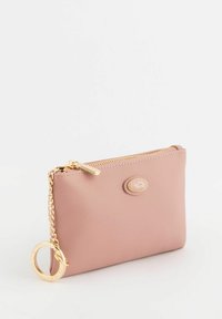 Small pink textured leather pouch with a gold zipper, a circular chain, and an oval logo accent on the front.