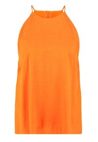 Top arancione brillante senza maniche, realizzato in tessuto liscio, con design a colletto halter e chiusura con cerniera sulla parte posteriore. Taglio semplice.