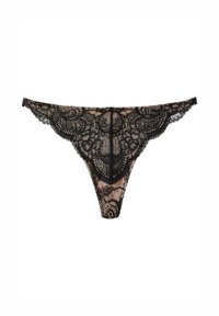 Schwarzer Spitzen-Thong mit filigranen Blumenmustern, transparenter Textur, gezackten Kanten und einer kleinen Schleife in der Mitte für Details.