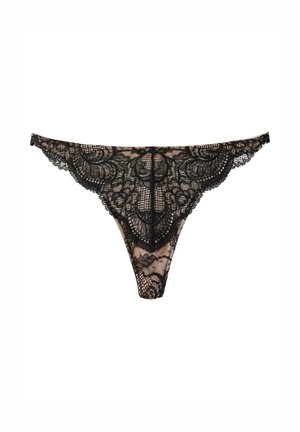 Schwarzer Spitzen-Thong mit filigranen Blumenmustern, transparenter Textur, gezackten Kanten und einer kleinen Schleife in der Mitte für Details.