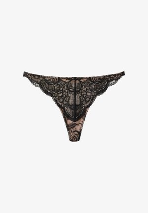 Schwarzer Spitzen-Thong mit filigranen Blumenmustern, transparenter Textur, gezackten Kanten und einer kleinen Schleife in der Mitte für Details.