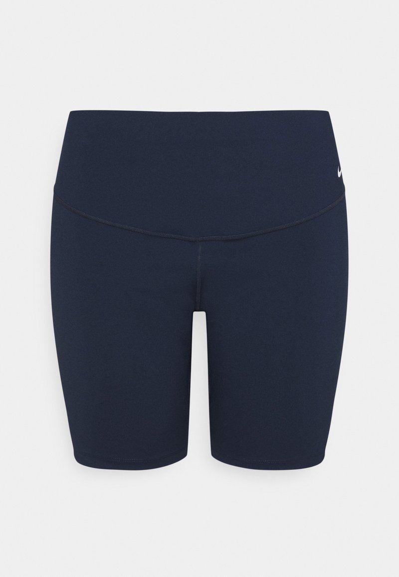 Shorts de sport ajustés bleu marine mi-cuisse avec une large ceinture et un petit logo Nike blanc sur la hanche gauche.