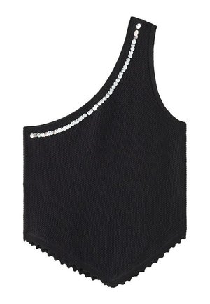 Haut tricoté noir à une épaule avec ourlet festonné et ligne courbée de sequins argentés le long de l'encolure.