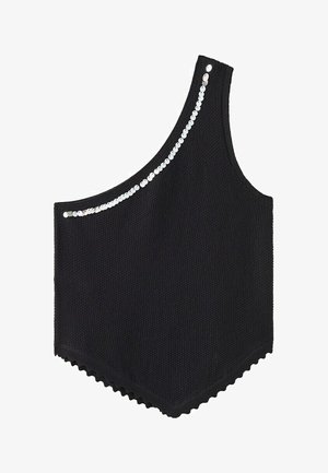 Czarny dzianinowy top na jedno ramię z falistym brzegiem i zakrzywioną linią srebrnych cekinów wzdłuż dekoltu.