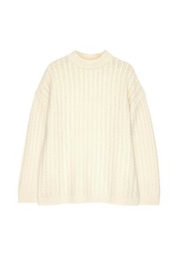 Cream-colored knit sweater with a ribbed texture, high neckline, and dropped shoulders. The design features a relaxed fit and thick cuffs.