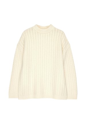 Kreminės spalvos megztinis su ribotu tekstūru, aukštu kaklu ir nusileidusiomis pečių siūlėmis. Dizainas pasižymi laisvu siluetu ir storomis rankogaliais.