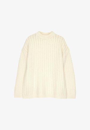 Crème-kleurige gebreide trui met een geribbelde textuur, hoge halslijn en verlaagde schouders. Het ontwerp heeft een relaxte pasvorm en dikke manchetten.