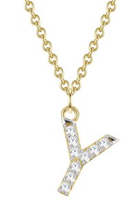 Kuldne kaelakee, millel on "Y" ripats, kaunistatud selgete kristallidega ja hõbedaste otstega. Ümmargune lingi disain lisab tekstuuri.