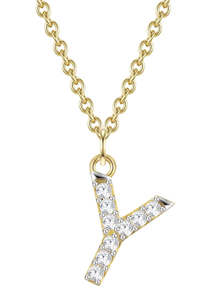 Kuldne kaelakee, millel on "Y" ripats, kaunistatud selgete kristallidega ja hõbedaste otstega. Ümmargune lingi disain lisab tekstuuri.