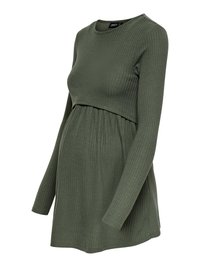 Pruhované tehotenské šaty s dlhým rukávom v olivovozelenej farbe, s vysokým pásovým švom a okrúhlym výstrihom.