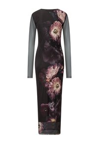 Langärmliges Kleid mit schwarzem Grund und lebhaften Blumenmustern in Lila- und Rosatönen, figurbetont und in mittellanger Länge.