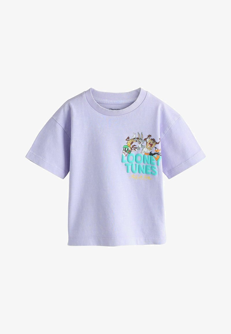 Helllila Kurzarmhemd mit kleinen Looney Tunes-Figuren und türkisfarbenem "Looney Tunes"-Schriftzug auf der Brust.