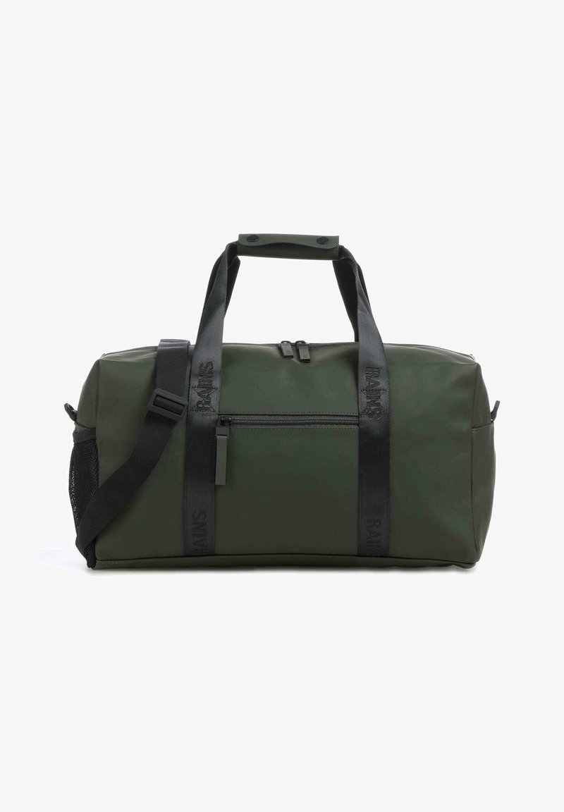 Dark green duffel bag made from waterproof material, featuring dual handles, an adjustable shoulder strap, and a zippered front pocket.
