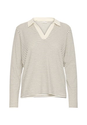Krátky rukáv pulover s výstrihom do V v krémovej farbe s námorníckymi pruhmi. Má golier a voľný strih. Mäkka textúra látky, neformálny dizajn.