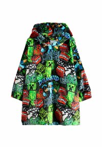 Hooded fleece robe featuring a colorful Minecraft design, with graphics of characters, TNT, and blocks on a black and green background.