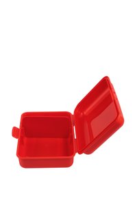 Red plastic lunch box with a rectangular shape, hinged lid, and internal divider. Smooth texture, no patterns, and a secure fastener.
