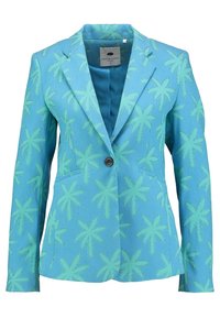 Jasnoniebieska marynarka w zielony wzór liści palmy, z zapięciem na jeden guzik z przodu, wyciętymi klapami i dwoma przednimi kieszeniami.