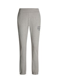 Graue Jogginghose mit elastischem Bund, schmal zulaufenden Beinen und einem Logo-Detail am linken Oberschenkel. Hergestellt aus weichem, strukturiertem Stoff.