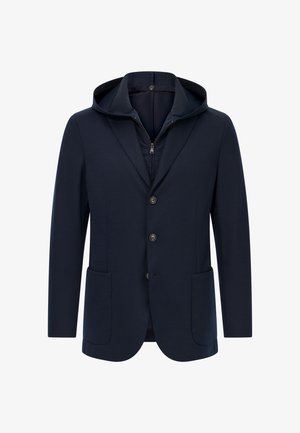 Marineblazer met een capuchon, voorzien van een ritsluiting, drie knopen aan de voorkant, twee zijzakken en een gladde textuur.