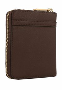 Brown leather wallet with a smooth texture, featuring a gold zipper, card slots on one side, and a compact rectangular shape.