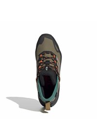 Men's hiking shoe in dark olive, featuring a textured upper, black and teal accents, with orange laces and a flexible rubber sole.