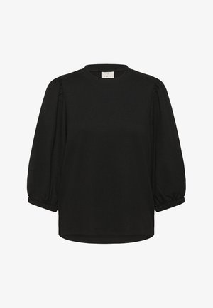 Juodas megztinis su apvaliu iškirpimu, pūstomis rankovėmis ir elastingais mansetais. Textūruota medžiaga su laisvu sijonu patogumui.