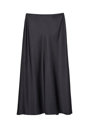 Musta A-linja hame, joka on valmistettu sileästä kankaasta, laajalla kumivyötäröllä ja virtaavalla designilla, joka ulottuu polven keskiväliin.