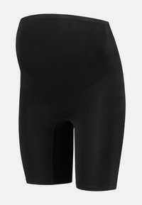 Shorts maternità neri realizzati in tessuto elasticizzato. Presentano un alto elastico in vita per un supporto migliore e un taglio aderente. Senza motivi o dettagli aggiuntivi.