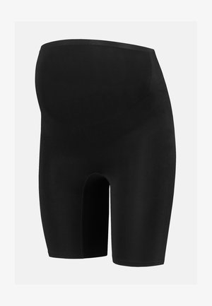 Shorts maternità neri realizzati in tessuto elasticizzato. Presentano un alto elastico in vita per un supporto migliore e un taglio aderente. Senza motivi o dettagli aggiuntivi.