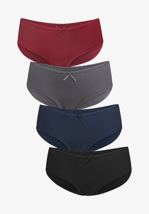 Four pairs of women's brief-style underwear in maroon, gray, navy, and black, each with a small ribbon accent at the waist.