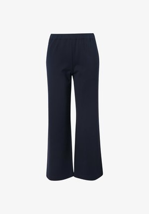 Pantalones de pierna ancha en azul marino con cinturilla elástica; confeccionados en un tejido suave y ligero. Diseño simple sin patrones ni acentos visibles.