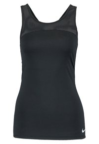 Zwarte atletische tanktop met een netinzet bij de halslijn, glad rekbaar materiaal en een klein wit Nike-logo bij de zoom.