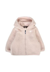 Veste en polaire douce, rose pâle, duveteuse avec capuche, fermeture éclair sur le devant et petit logo sur la poitrine gauche pour les tout-petits ou les enfants.