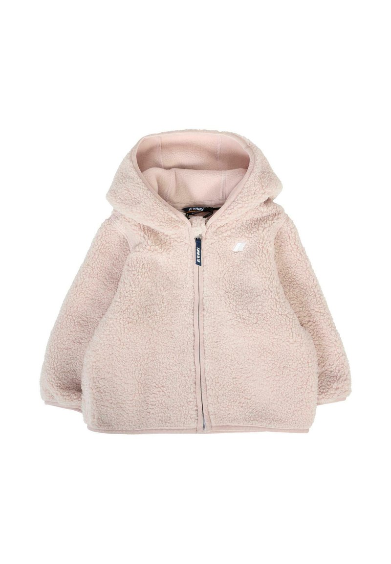 Veste en polaire douce, rose pâle, duveteuse avec capuche, fermeture éclair sur le devant et petit logo sur la poitrine gauche pour les tout-petits ou les enfants.