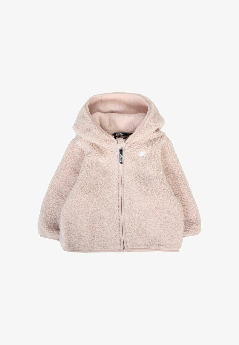 Giacca in pile morbido, di un tenero rosa pallido, con cappuccio, zip frontale completa e piccolo logo sul lato sinistro del petto, per bambini o neonati.