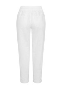White linen pants with an elastic waistband, cuffed hems, and two back pockets. Smooth texture with a relaxed, straight-leg design.