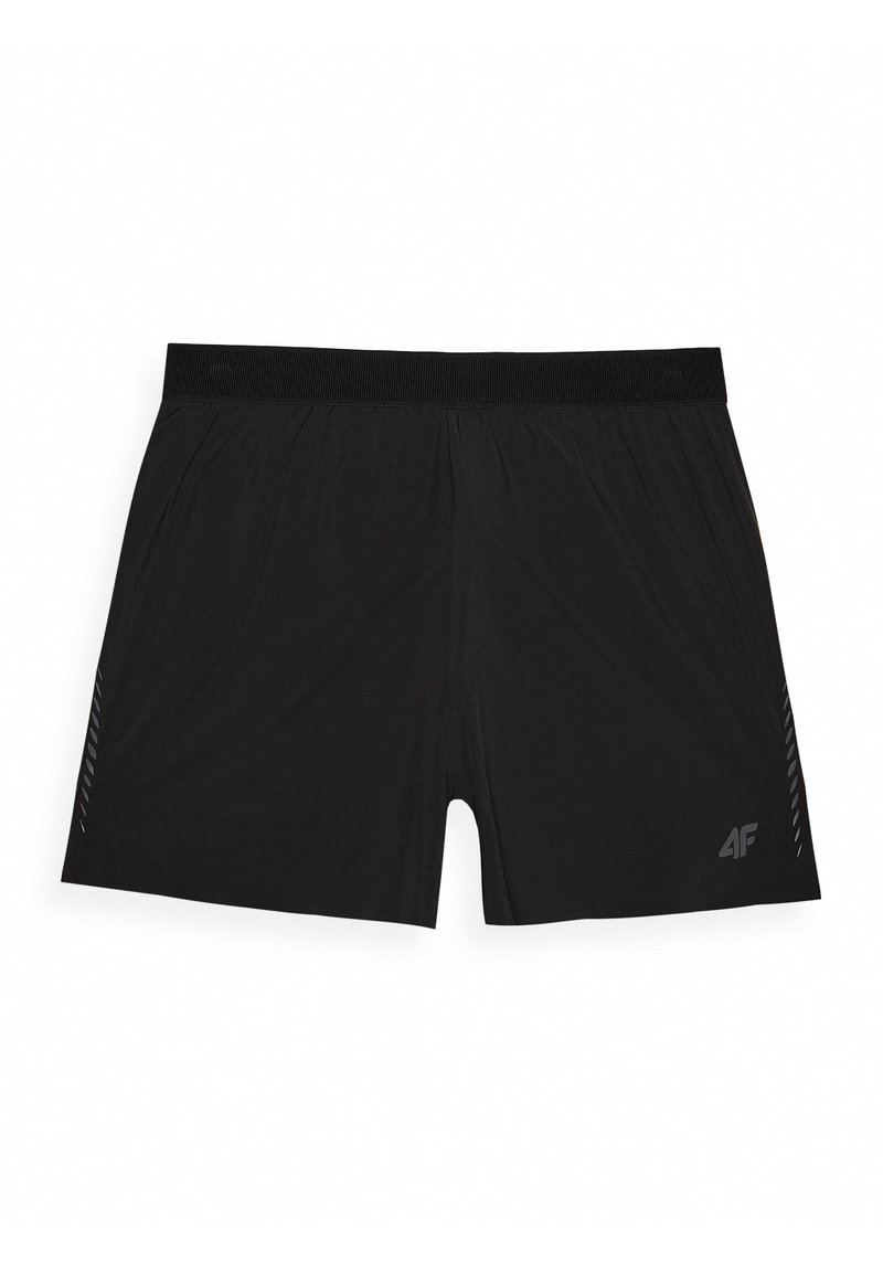 Czarne spodenki sportowe wykonane z lekkiego materiału, charakteryzujące się jednolitą konstrukcją, elastycznym paskiem w talii i subtelnymi akcentami w bocznych panelach.