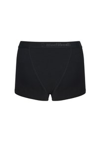 Boxer noir en tissu doux avec une coupe ajustée. Présente une ceinture sans coutures avec le logo "Modibodi". Texture lisse.
