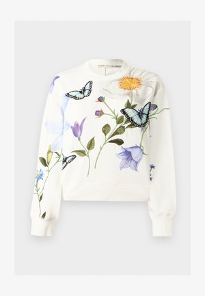 Λευκό φούτερ με στρογγυλή λαιμόκοψη με κεντητά μωβ λουλούδια, πράσινα φύλλα και μπλε πεταλούδες μπροστά και στα μανίκια.