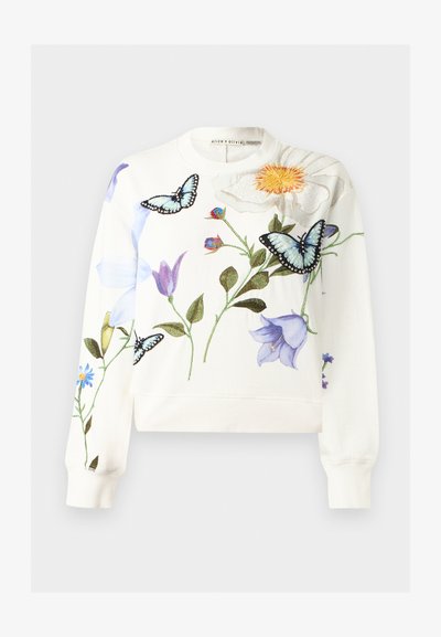 Λευκό φούτερ με στρογγυλή λαιμόκοψη με κεντητά μωβ λουλούδια, πράσινα φύλλα και μπλε πεταλούδες μπροστά και στα μανίκια.