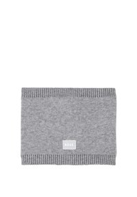 Collo grigiocnitted con bordi a costine e una piccola etichetta rettangolare con il logo "BOSS" sul davanti. Tessuto morbido in tutta la sua lunghezza.