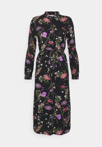 Svart blommig klänning med långa ärmar, kragliknande hals, knapprad fram och knyt-i-midjan design. Färgglada blommor i lila, rosa och vitt.