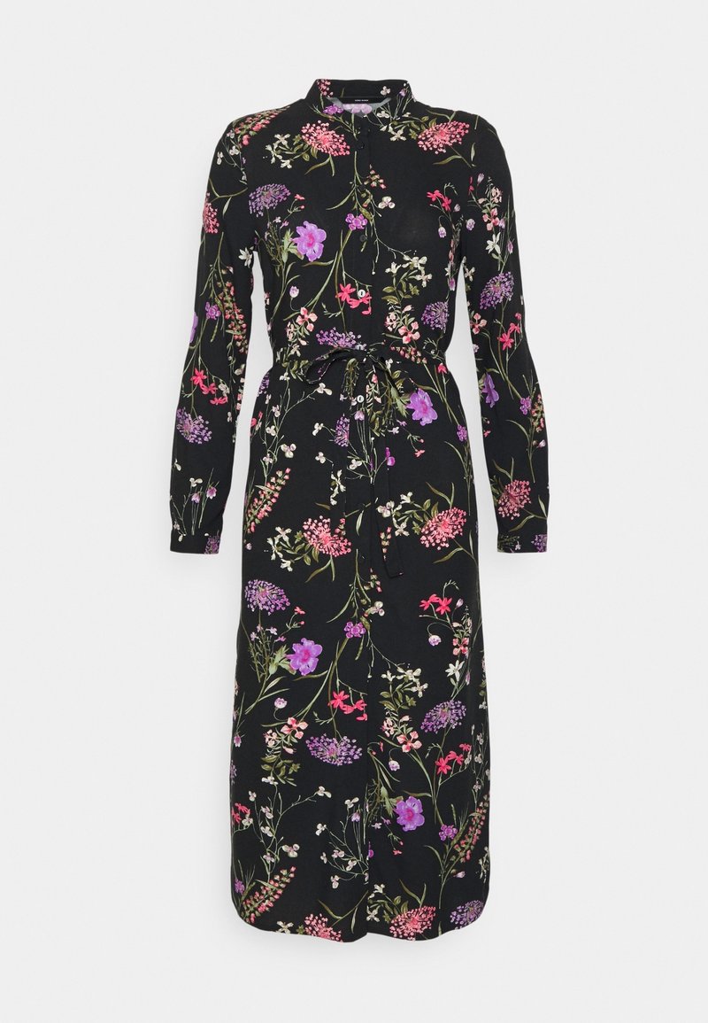 Svart blommig klänning med långa ärmar, kragliknande hals, knapprad fram och knyt-i-midjan design. Färgglada blommor i lila, rosa och vitt.