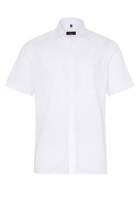 Kortærmet hvid skjorte med knapper lavet af bomuldsblanding, med krave, én brystlomme og lige pasform. Glat tekstur.