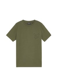 Olivenfarvet bomulds t-shirt med rund halsudskæring. Har et subtilt præget fuglelogo på venstre bryst og korte ærmer.